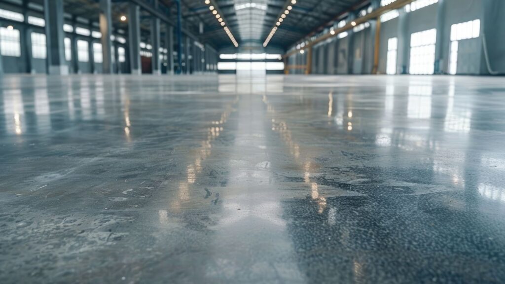 Lśniąca podłoga z polerowanego betonu impregnowana w nowoczesnym salonie mieszkalnym